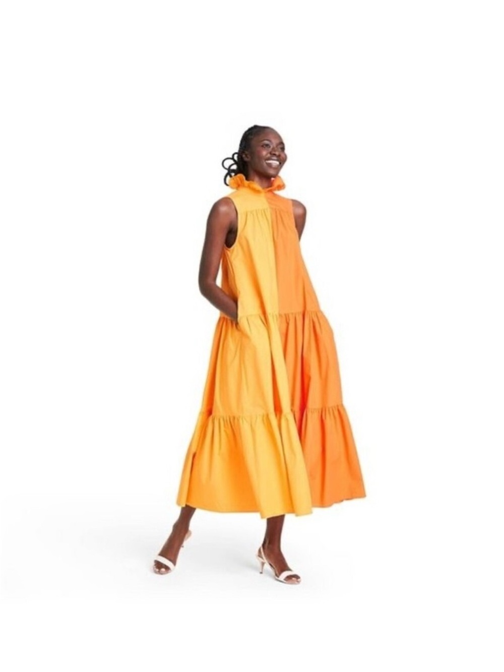 EUC Sleeveless Orange Tiered Midi Dress with Ruffle Neck
